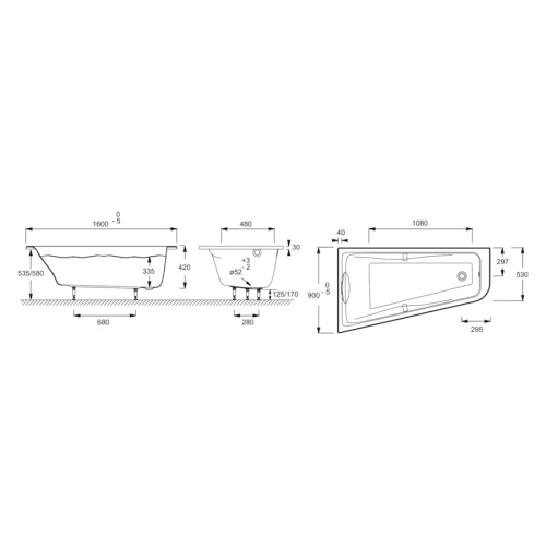 Ванна акриловая Jacob Delafon Odeon Up E6081 160х90 см асимметричная - фото 4