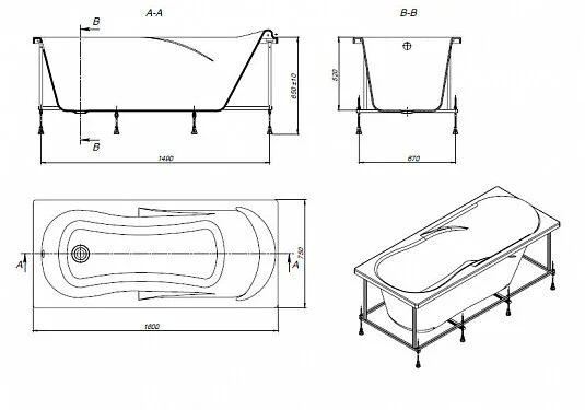 Ванна акриловая Roca Uno 160х75 см прямоугольная, современныe, hi-tech - фото 3