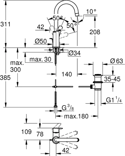 Смеситель для раковины Grohe Eurosmart высокий, высокие, из латуни, округлая форма, с донным клапаном - фото 5