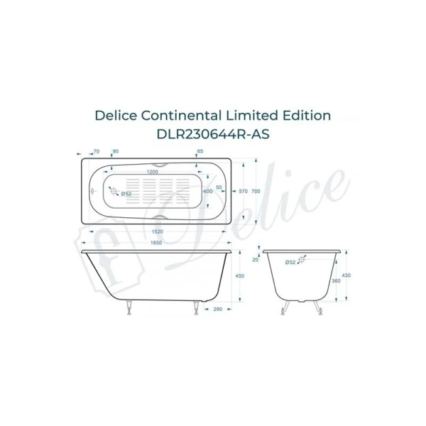 Ванна чугунная Delice Continental Limited Edition 165х70 см с отверстиями под ручки и антискользящим покрытием - фото 2