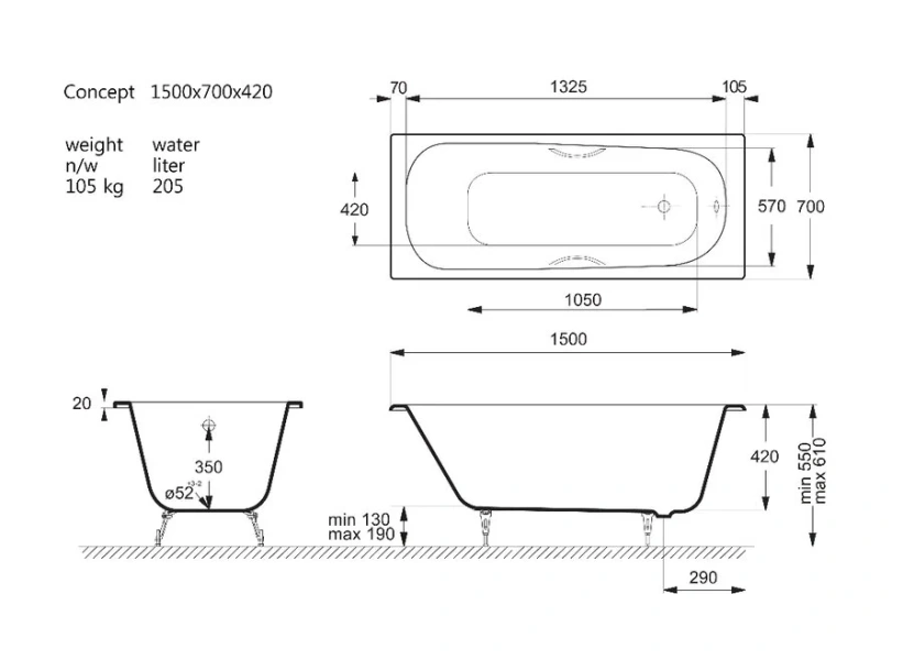 Чугунная ванна Vinsent Veron Concept VCO1507042H/VH0015CH, 150 x 70 см, ручки хром, цвет белый - фото 4