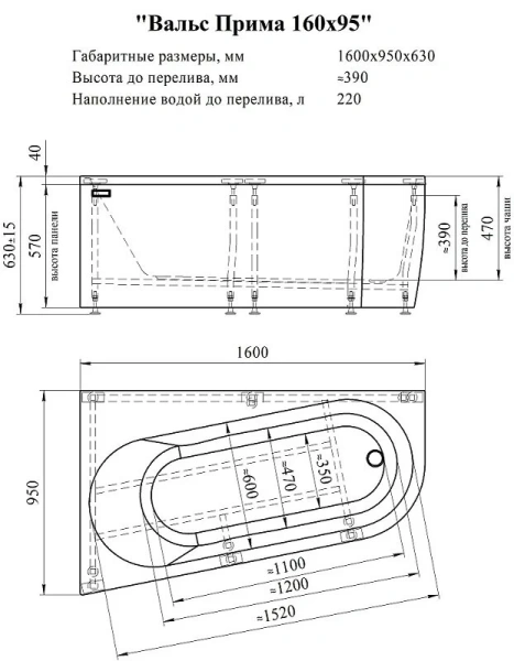 Гидромассажная ванна Радомир Вальс Прима 1-83-2-1-0-352/1-83-2-2-0-352, 160 x 95 см, L/R, рама-подставка, фронтальная панель, слив-перелив, гидромассаж Люкс хром КУ 400, датчик уровня воды, turbo pool, озонатор, хромотерапия, радио, массаж спины, ступней, - фото 3