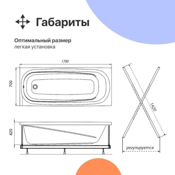 Ванна акриловая Diwo Кострома 170 x 70 см, с каркасом, цвет белый, Щ0000046591/Щ0000048581 - фото 4