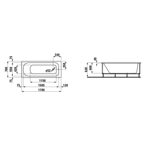 Ванна акриловая Laufen Solutions 170х70 см без перелива, акриловые - фото 2