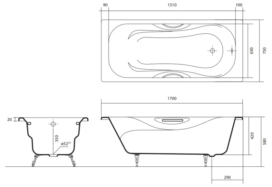 Ванна чугунная Акватек Гамма 170х75 см эмалированная - фото 2