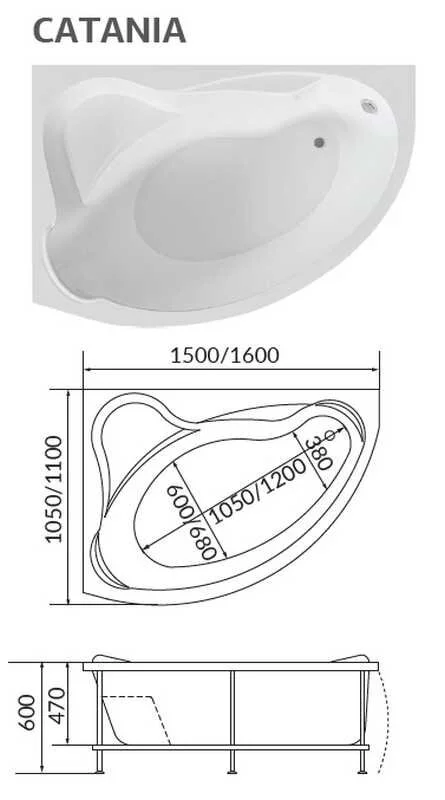 Ванна акриловая 1MarKa Catania, 160 х 110 см, асимметричная, левая/правая, 01кт1610л/01кт1610п, без гидромассажа - фото 5
