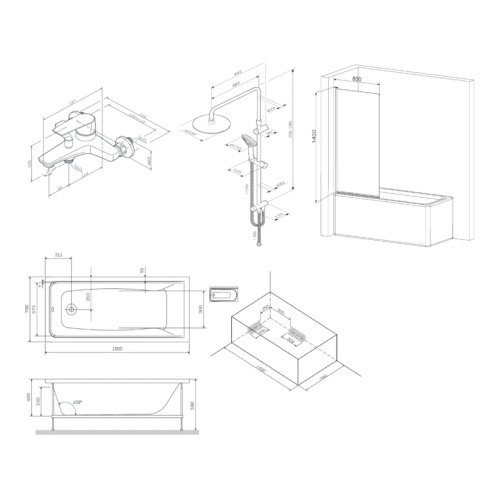 Ванна акриловая AM.PM Gem 150х70 см с каркасом, шторкой, душевой стойкой и смесителем, белые - фото 8