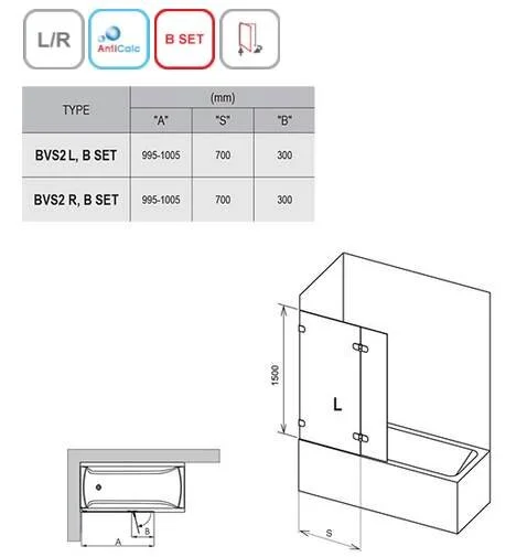 Шторка для ванны Ravak Brilliant BVS2 100x150 см левая, современные, hi-tech - фото 4