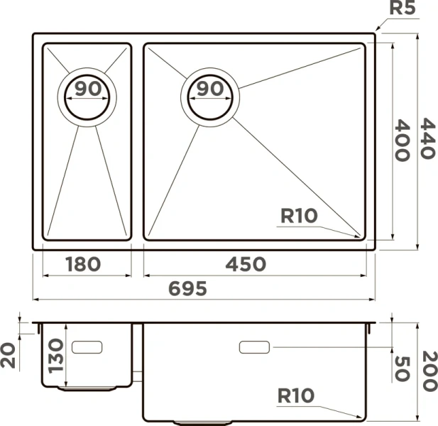 Мойка для кухни Omoikiri Taki 69-2-U/IF-LG-R Side 69 см правосторонняя, врезные - фото 2