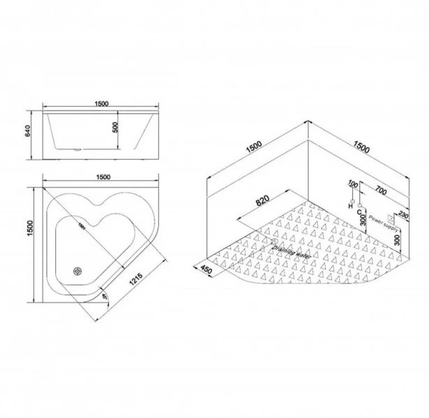 Ванна акриловая гидромассажная SSWW A2202DGSP, 150 x 150 см, с подсветкой, белая, белые - фото 6