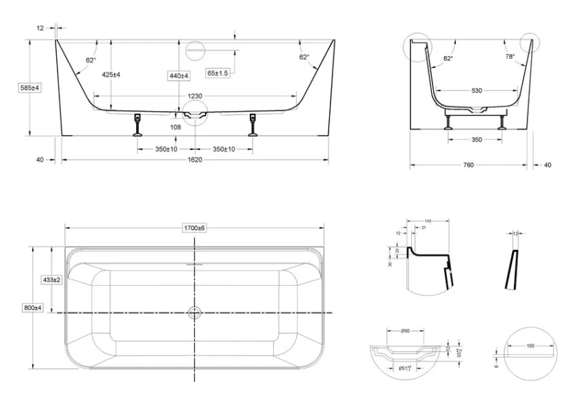 Ванна акриловая Vincea VBT-702-1700, 170 x 80 см, белая - фото 2