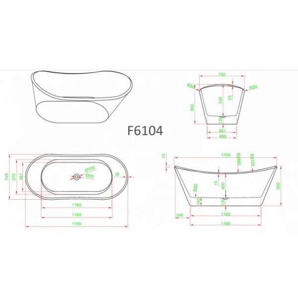 Ванна акриловая Frank F6104, 12515, 170 х 75 см, цвет белый, 170х75 - фото 4