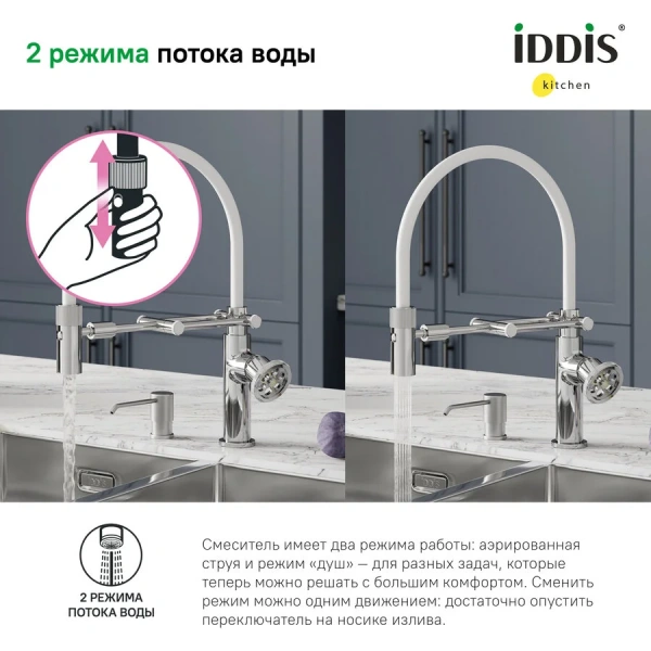 Смеситель для кухни IDDIS Grange белый/хром, высокие, недорогие, округлая форма - фото 5