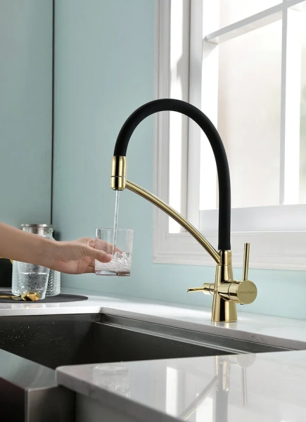 Смеситель для кухни Paulmark Siegen золото с черным, высокие, округлая форма, для питьевой воды с фильтром - фото 5