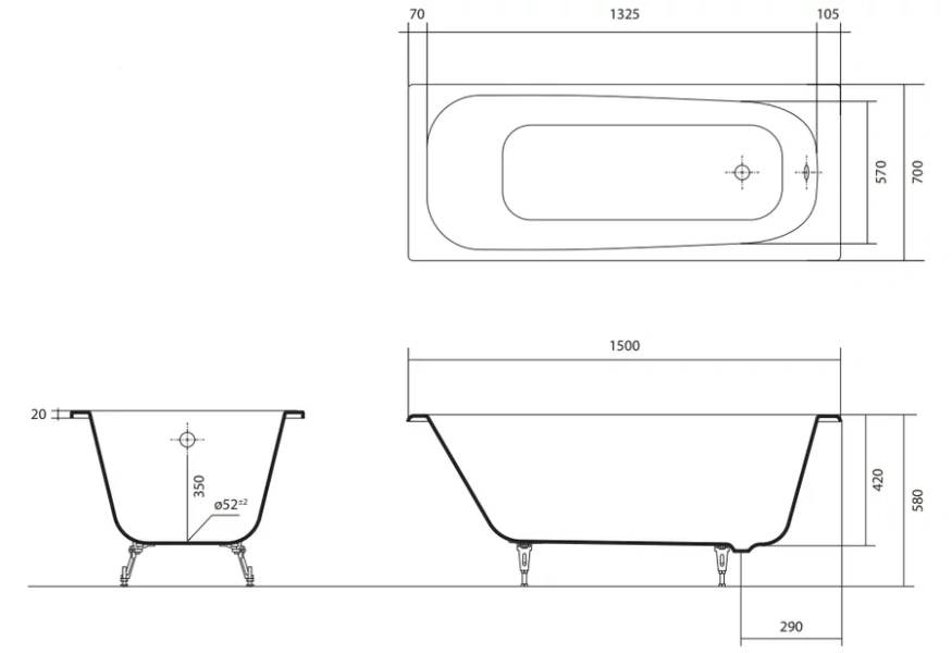 Ванна чугунная Акватек Сигма 150х70 см с ножками - фото 2