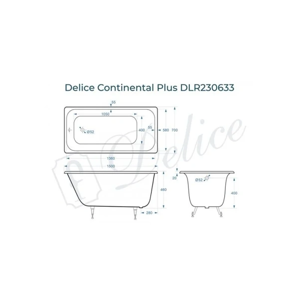 Ванна чугунная Delice Continental Plus 150х70 см белая - фото 2