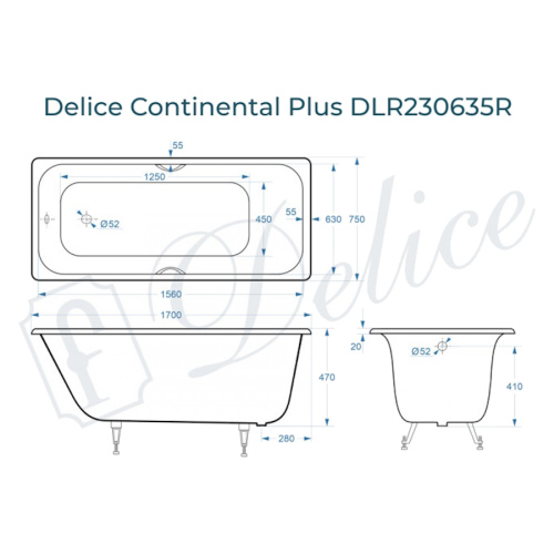 Ванна чугунная Delice Continental Plus 170х75 см с отверстиями под ручки - фото 2