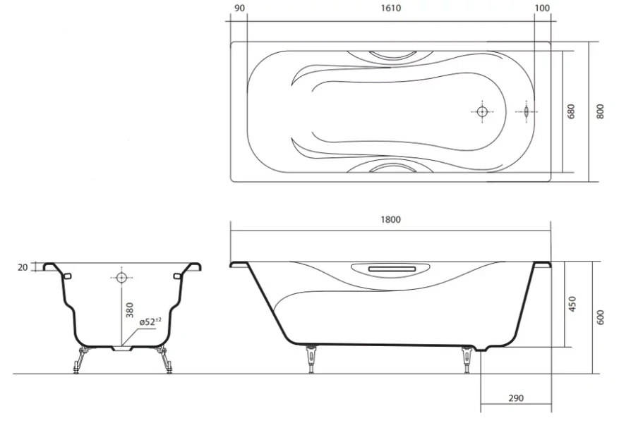 Ванна чугунная Акватек Гамма 180х80 см с ножками - фото 2