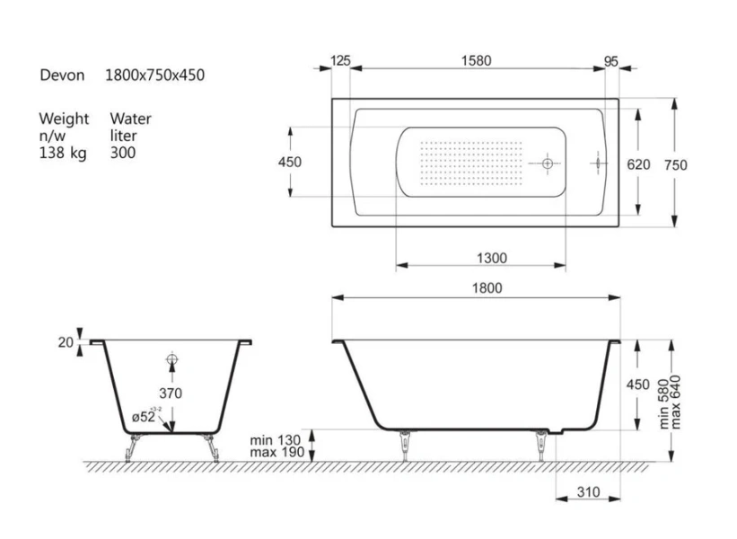 Чугунная ванна Vinsent Veron Devon VDV1757545H/VH0012BR-AS, 175 x 75 см, с антискользящим покрытием, ручки бронза, цвет белый - фото 2