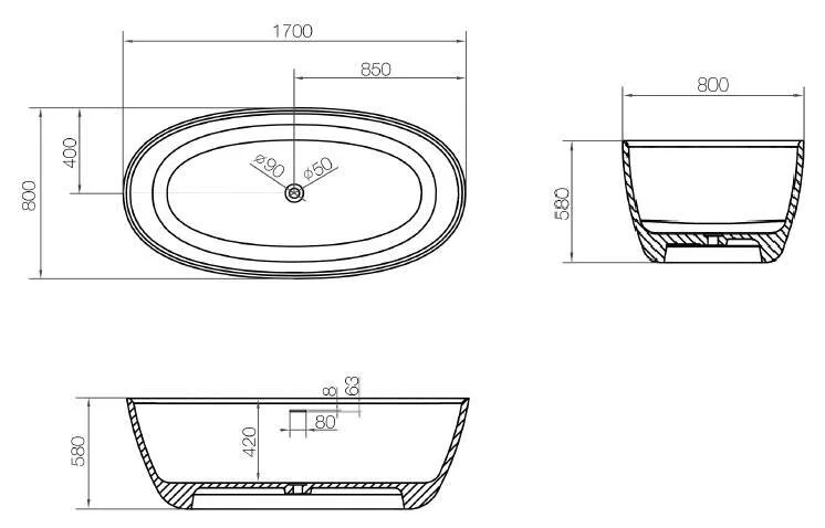 Ванна из искусственного камня NTBagno Palermo 170 х 80 см, цвет белый, NT203 - фото 2