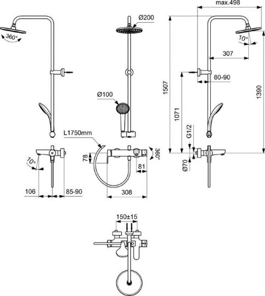 Душевая стойка Ideal Standard Cerafine O черная со смесителем - фото 2