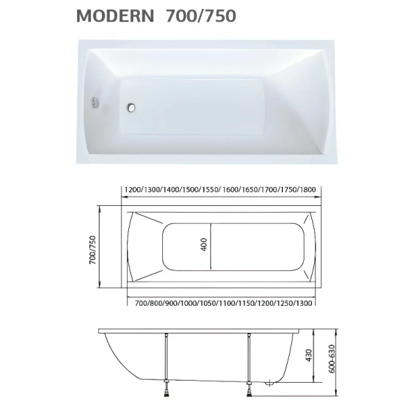 Ванна акриловая 1MarKa Modern 01мод16570кс2+, 165 x 70 см, цвет белый - фото 2