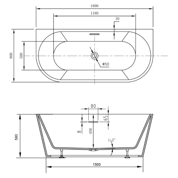 Ванна акриловая Abber AB9503-1.8, 180 x 80 см, белая - фото 2
