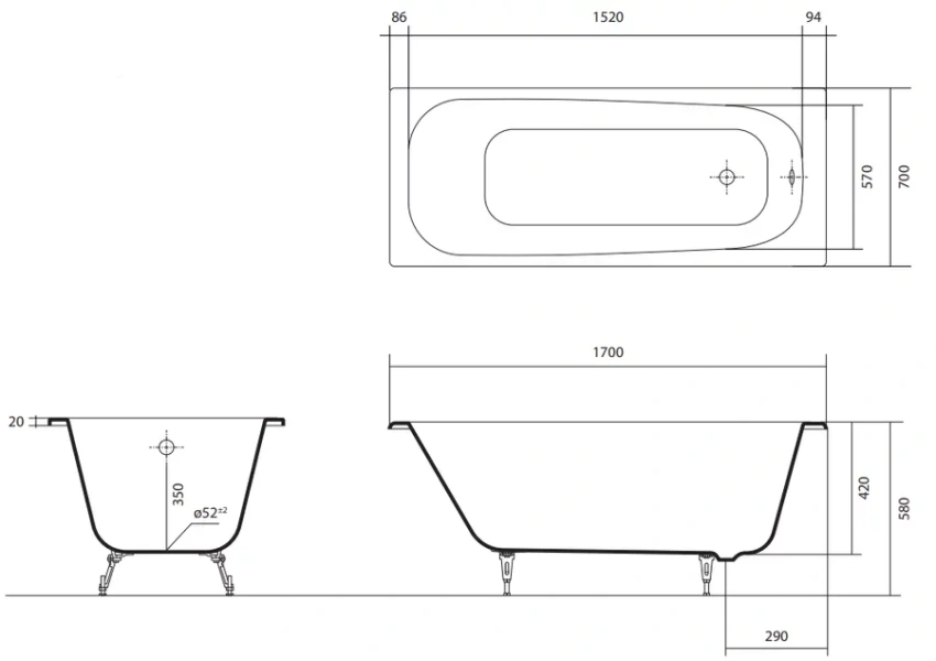 Ванна чугунная Акватек Сигма 170х70 см с ножками - фото 2