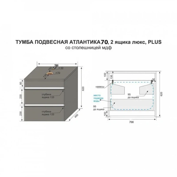 Тумба с раковиной подвесная Style Line Атлантика СС-00002282 70 см со столешницей - фото 2