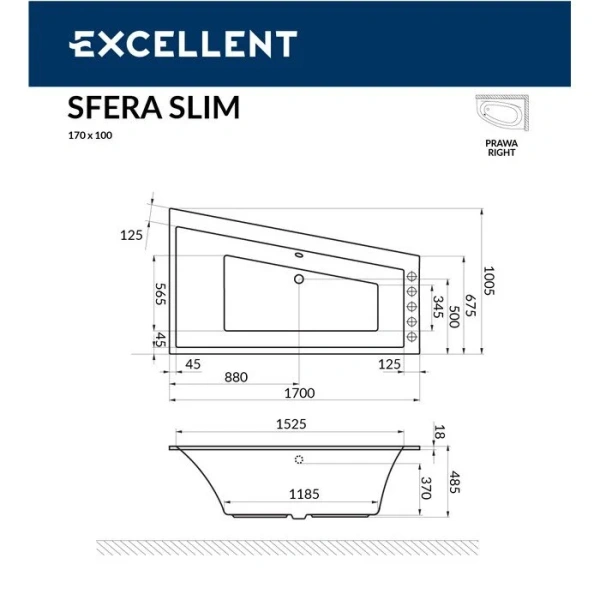 Ванна гидромассажная Excellent Sfera Slim Relax 170 x 100 см, правая, белый/бронза, WAEX.SFP17S.RELAX.BR - фото 2