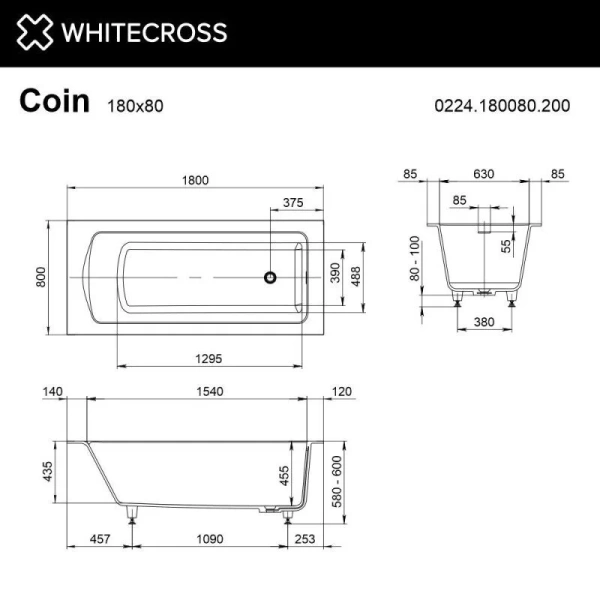 Ванна Whitecross Coin 0224.180080.200, 180 х 80 см, искусственный камень, цвет белый матовый - фото 2