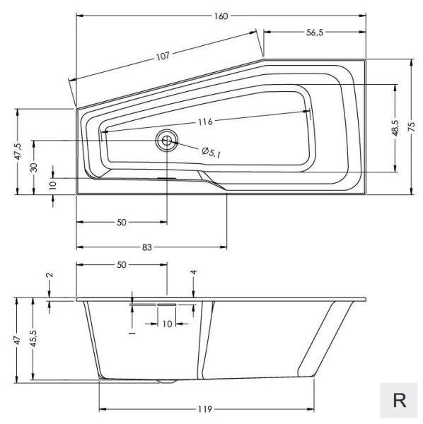 Акриловая ванна Riho Rething Space Fall Plug & Play B111009005/B112009005, 160 x 75 см, наполнение через перелив, левая/правая, цвет белый, асимметричные - фото 5