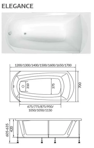 Ванна акриловая 1MarKa Elegance, 150 х 70 см, цвет белый, 01эл1570 - фото 4