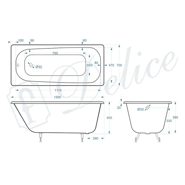 Ванна чугунная Delice Continental Plus 130х70 см белая - фото 2