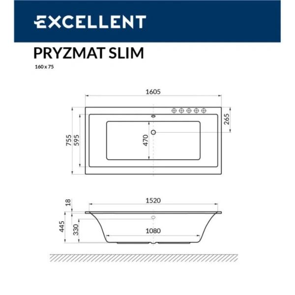Ванна гидромассажная Excellent Pryzmat Slim Nano 160 x 75 см, цвет белый/золото, WAEX.PRY16S.NANO.GL - фото 3