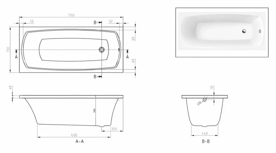 Ванна акриловая Black&White Swan 170x75 см белая - фото 2