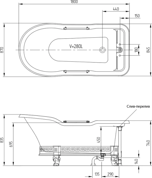 Ванна из искусственного камня Migliore Impero Affusto 180х87 см фурнитура золото, 180x85 см - фото 4