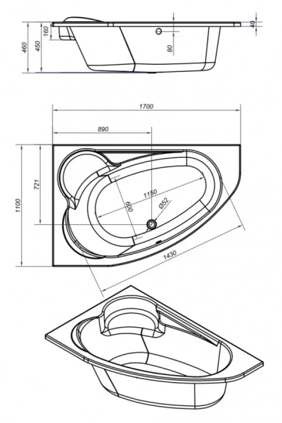 Ванна акриловая Cersanit Kaliope 170 x 110 см, асимметричная, белая, левая/правая - фото 2