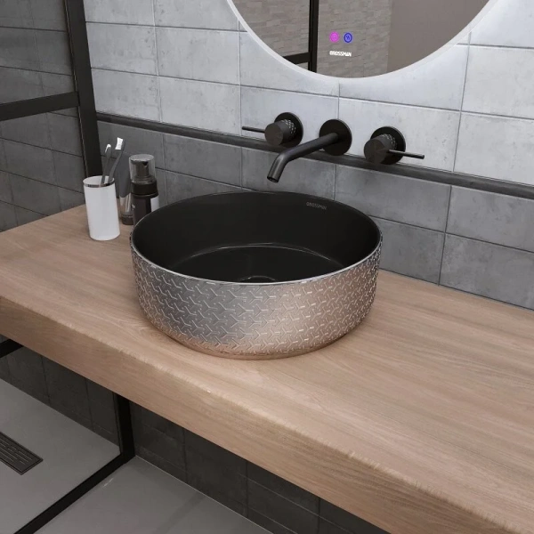 Раковина Grossman Color 35.5 см серебро/черная с геометричной текстурой - фото 4
