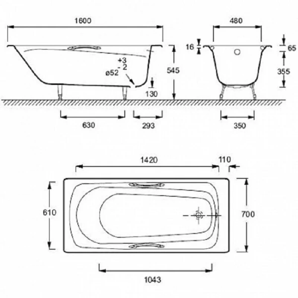 Ванна чугунная Jacob Delafon Melanie 160х70 см белая, с отверстиями под ручки, современныe, hi-tech - фото 3
