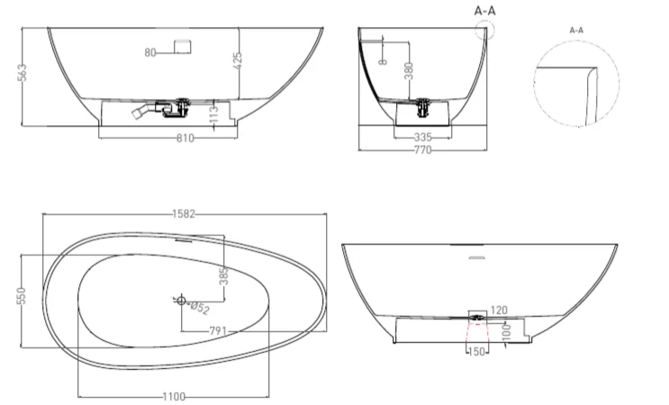 Ванна из искусственного камня Salini Paola 160x77 см белая матовая, литьевой мрамор - фото 2