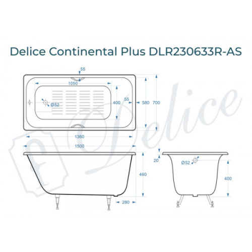 Ванна чугунная Delice Continental Plus 150х70 см с антискользящим покрытием - фото 4
