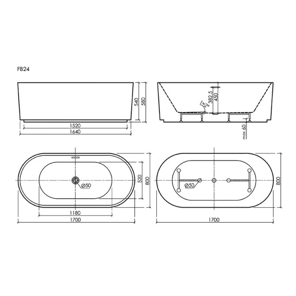 Aкриловая ванна Sancos Vivia FB24 отдельностоящая, 170 х 80 см, белый - фото 2