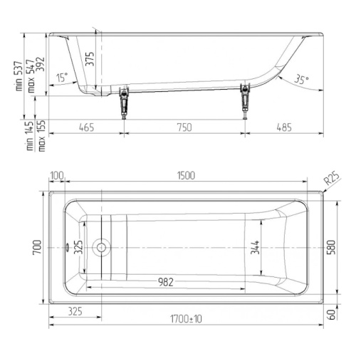 Ванна чугунная Универсал Оптима 170х70 см белая - фото 2
