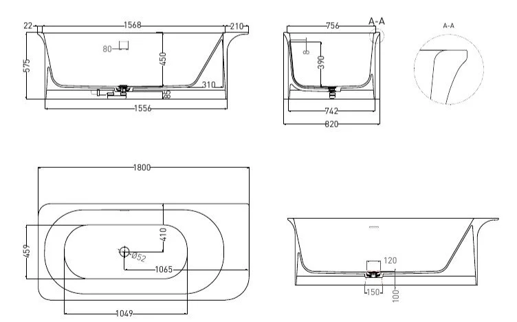 Ванна из искусственного камня Salini Ninfea 180x82 см белая, литьевой мрамор - фото 2