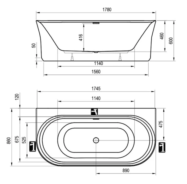 Ванна акриловая Ravak Ypsilon W XC00100047, 178 x 86 см, белая, слив-перелив белый - фото 2