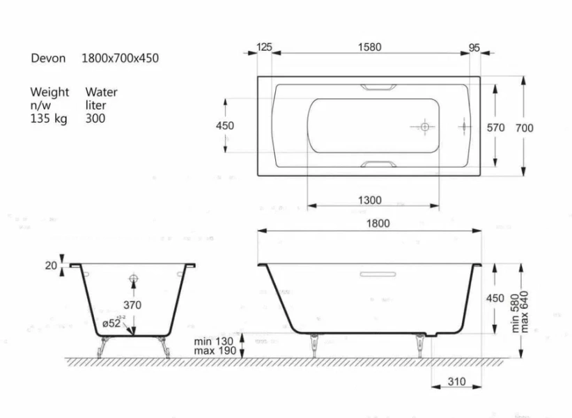 Чугунная ванна Vinsent Veron Devon VDV1807045H/VH0012CH, 180 x 70 см, ручки хром, цвет белый - фото 2