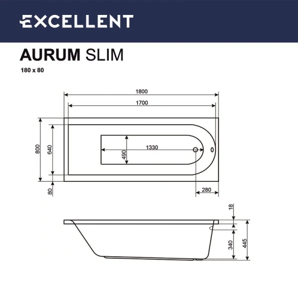 Ванна акриловая Excellent Aurum Slim Aero 180 x 80 см, с аэромассажем, WAEX.AUR18S.AERO.CR - фото 3