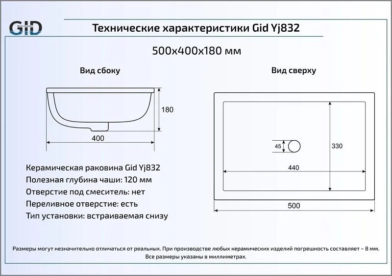 Раковина GID Integrado Yj832 50 см встраиваемая снизу - фото 2