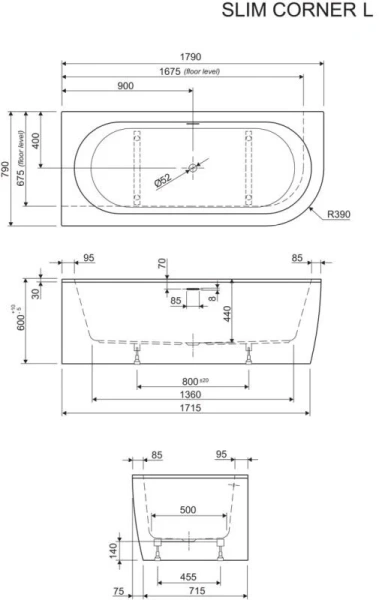 Ванна акриловая Cezares SLIM CORNER-180-80-60 см асимметричная - фото 4